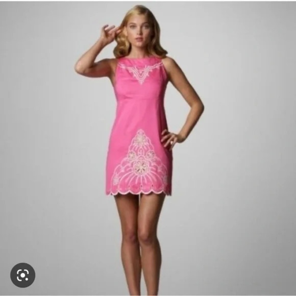 Lilly Pulitzer Jacqueline Cotton Sheath Dress Sz 4 embroidered pink retro 60s